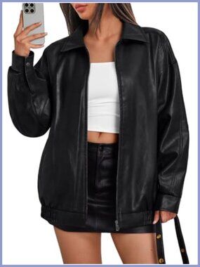 Oversized Vegan Leather Moto Bomber Jacket Zip Up Cocoon Coat